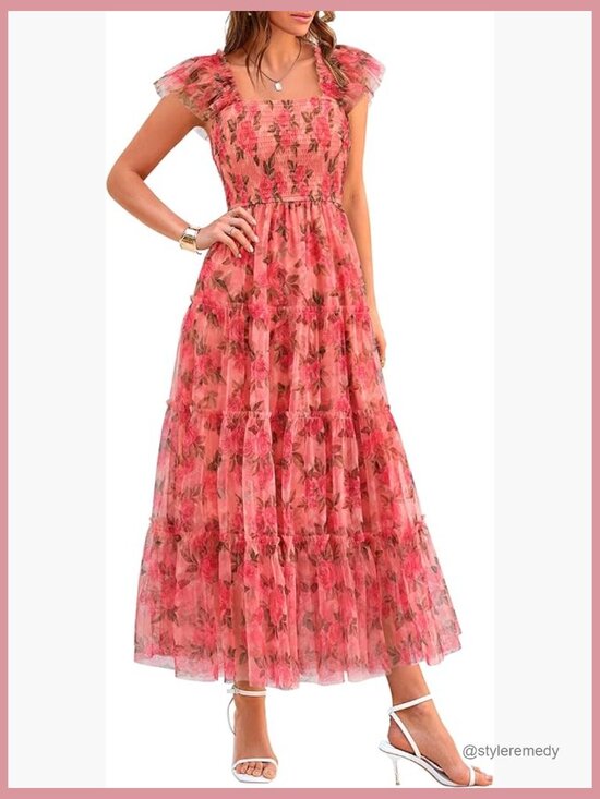 Dresses & Skirts - Tulle Midi Dress Sleeveless Smocked Ruffle Flowy Mesh Sundress